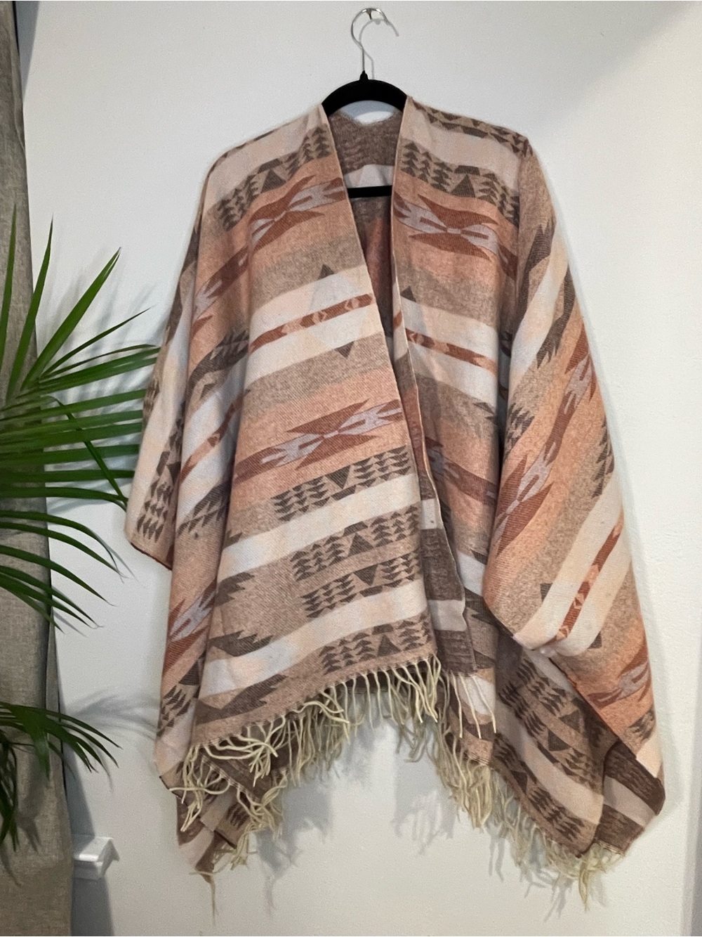 Southwestern-Patterned Beige & Rust Poncho Cape with Fringe